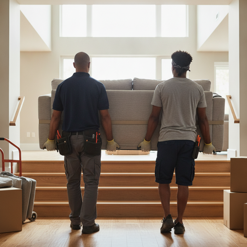 Create a realistic, professional service-business photograph showing Furniture Delivery Service from behind, with the backs of their heads visible. Do not show any faces, facial features, front-facing views or side views, profiles, or ident