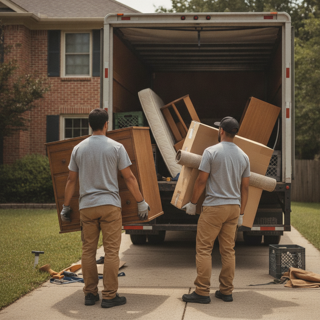 Create a realistic, professional service-business photograph showing Item Pickup Service from behind, with the backs of their heads visible. Do not show any faces, facial features, front-facing views or side views, profiles, or identifiable