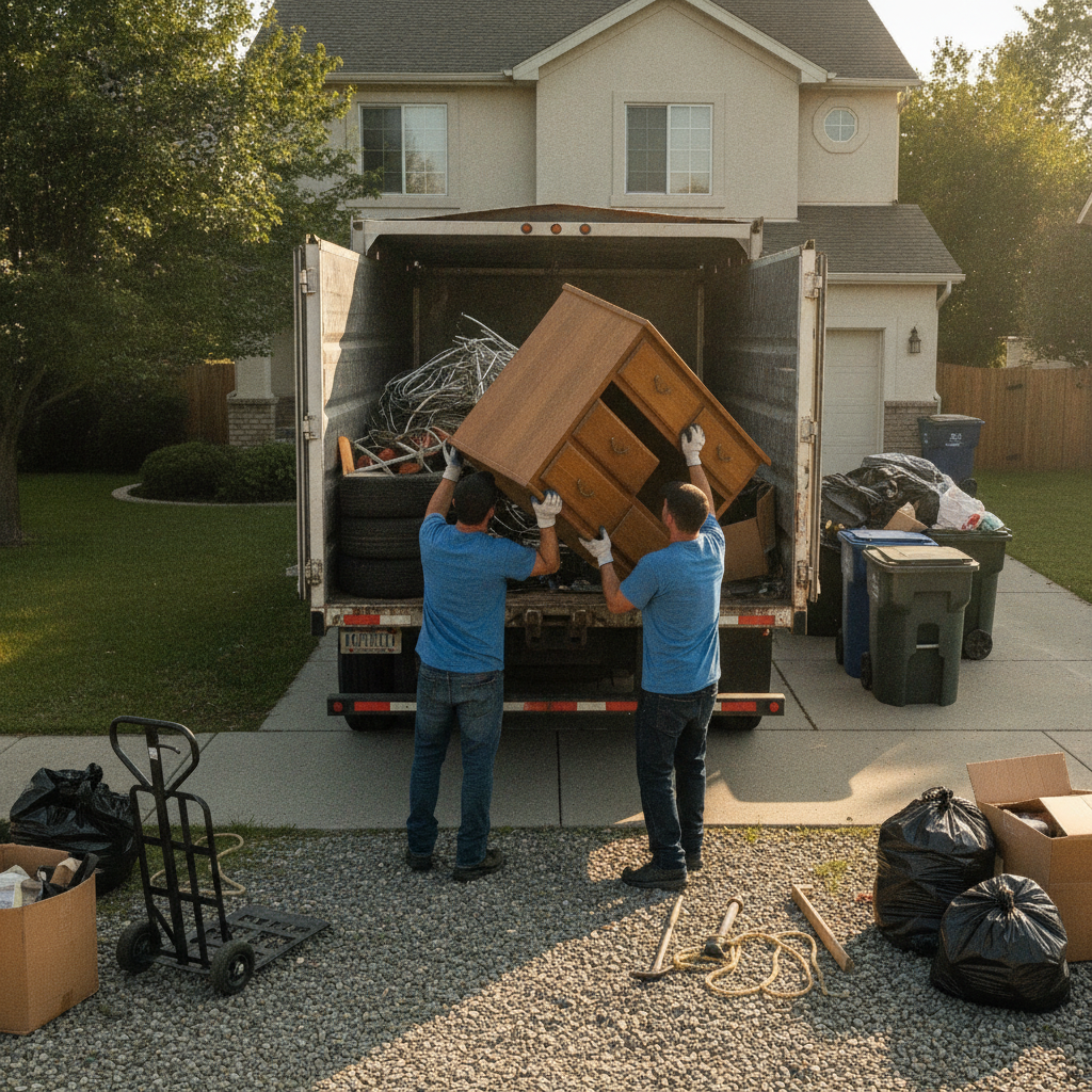 Create a realistic, professional service-business photograph showing Junk Hauling Service from behind, with the backs of their heads visible. Do not show any faces, facial features, front-facing views or side views, profiles, or identifiabl