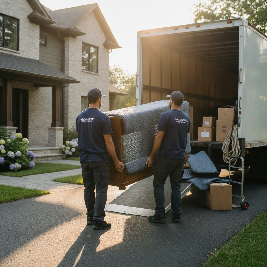 Create a realistic, professional service-business photograph showing Local Moving Service from behind, with the backs of their heads visible. Do not show any faces, facial features, front-facing views or side views, profiles, or identifiabl