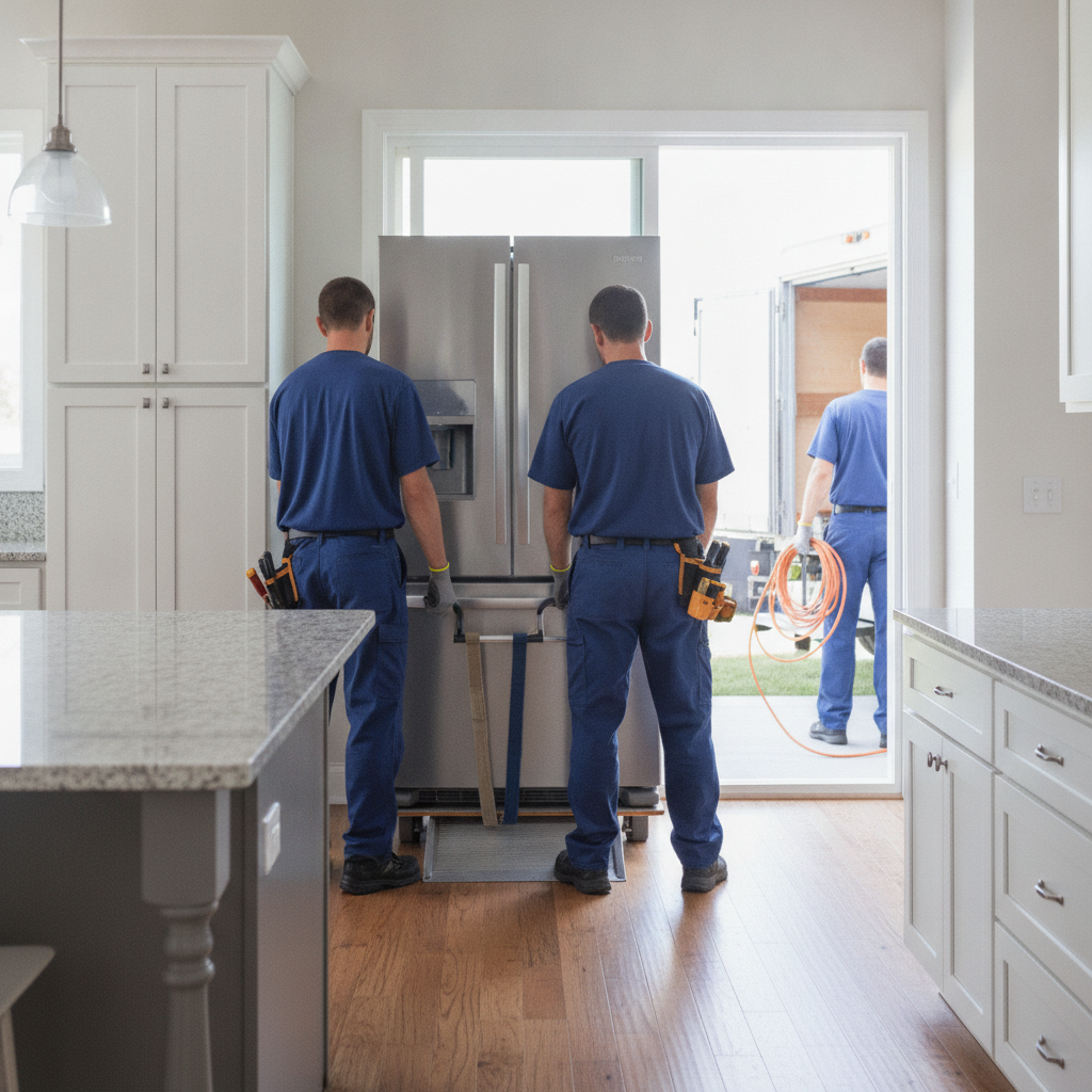 Create a realistic, professional service-business photograph showing Appliance Delivery Service from behind, with the backs of their heads visible. Do not show any faces, facial features, front-facing views or side views, profiles, or ident