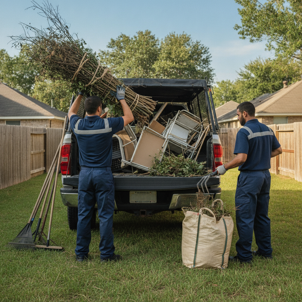 Create a realistic, professional service-business photograph showing Item Pickup Service from behind, with the backs of their heads visible. Do not show any faces, facial features, front-facing views or side views, profiles, or identifiable