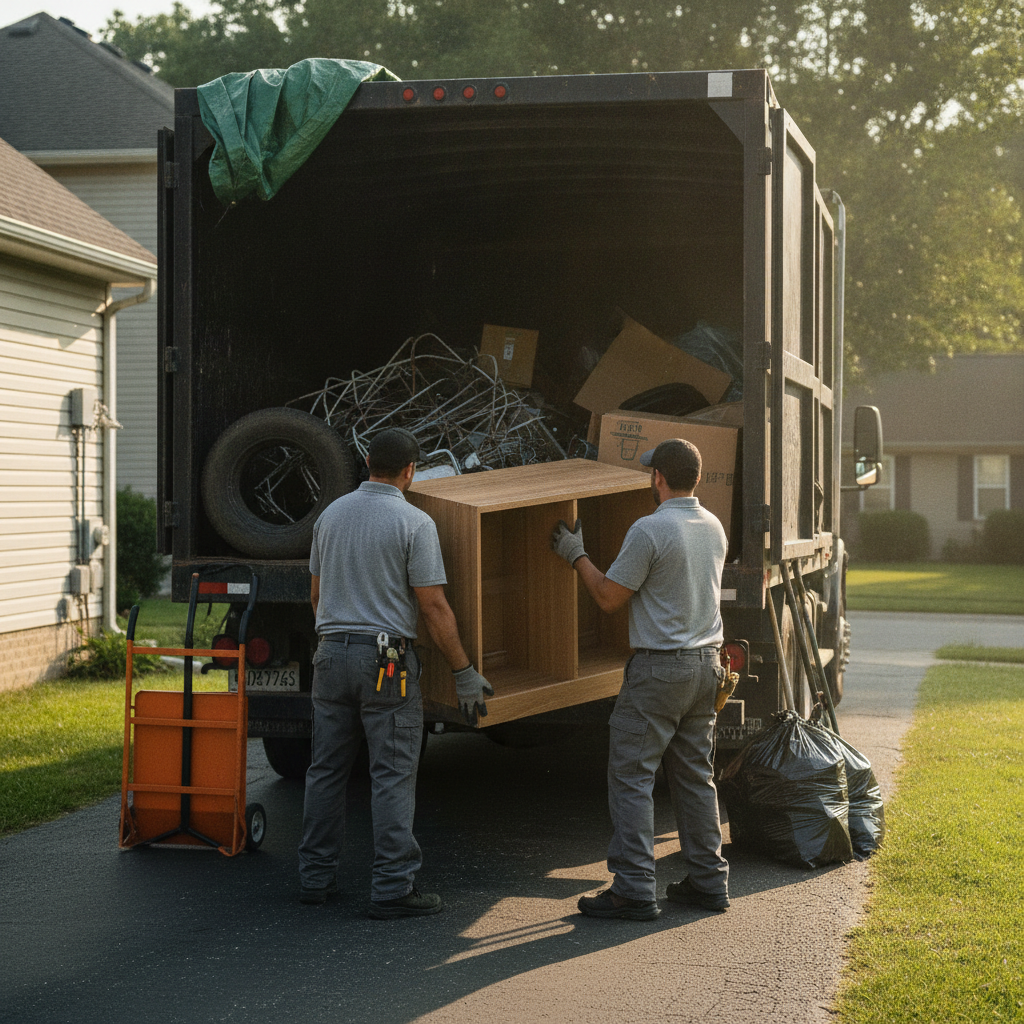 Create a realistic, professional service-business photograph showing Junk Hauling Service from behind, with the backs of their heads visible. Do not show any faces, facial features, front-facing views or side views, profiles, or identifiabl