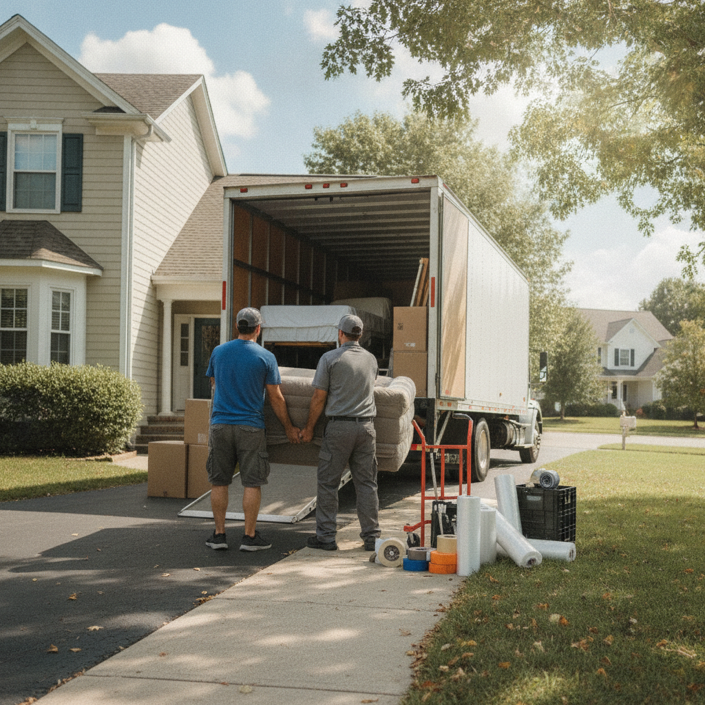 Create a realistic, professional service-business photograph showing Local Moving Service from behind, with the backs of their heads visible. Do not show any faces, facial features, front-facing views or side views, profiles, or identifiabl